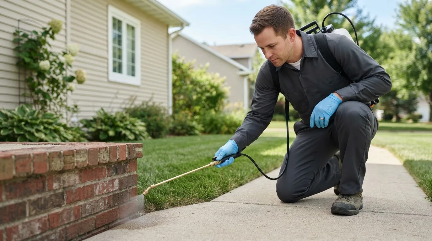 Pest control technician treating a home near Beyer, PA